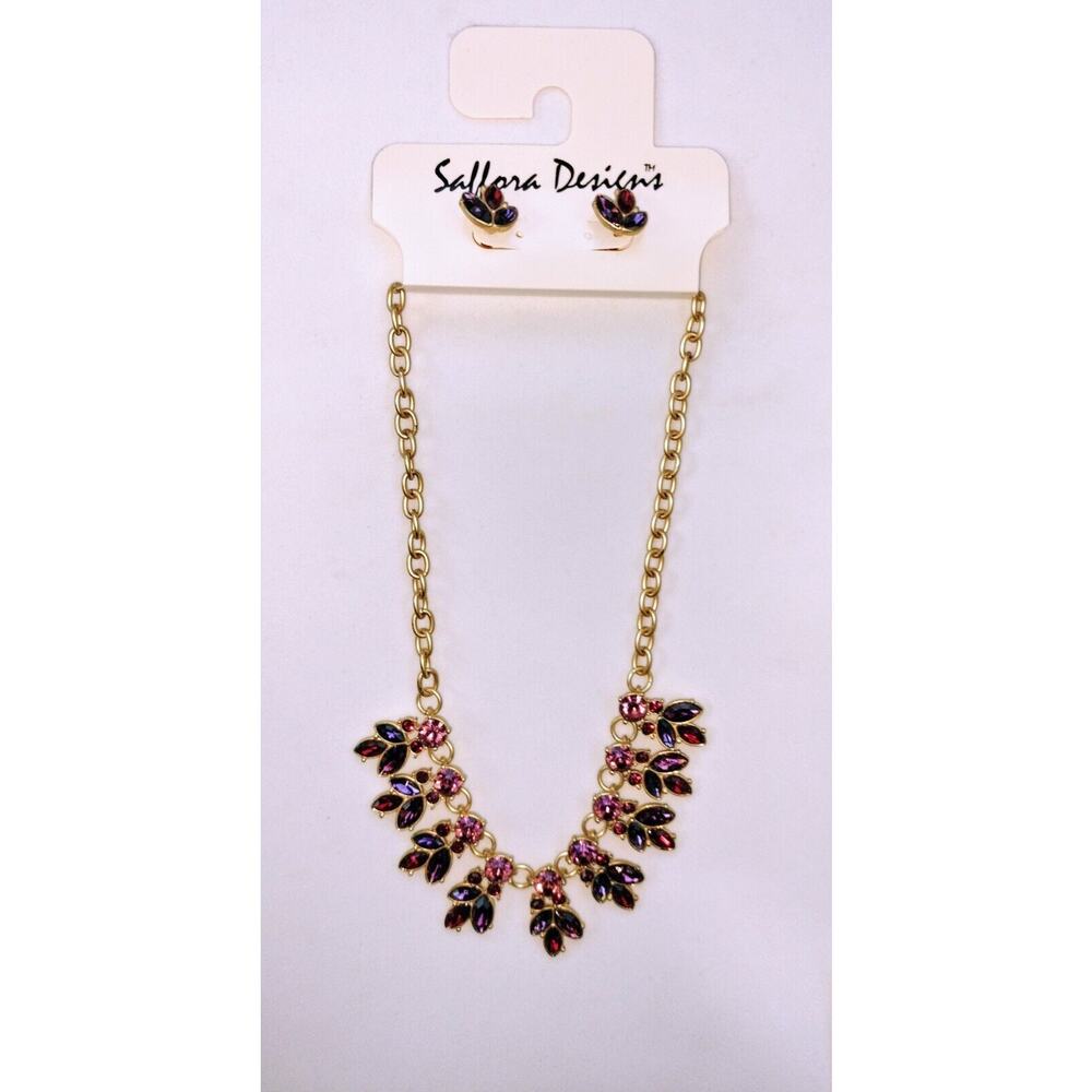 Saffora Designs Statement Necklace Pierced Earring Set Jewels Jewelry Faux Ruby